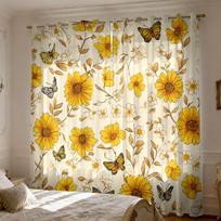 Retro Hand-painted Yellow Floral Butterfly 2pcs Blackout Curtains for Living Room Bedroom, Decorative Easy Installation, 60×150cm white