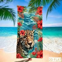 Vibrant Full Hibiscus Leaves Leopard Ocean Wave Pattern Soft Portable Microfiber Beach Towel For Tropical Beach Party Travel 50x100cm