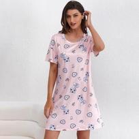 Moteriška laisvalaikio seksuali megzta medvilninė naktinė suknelė Patogi vasarinė trumpomis rankovėmis T-shirt miego suknelė namų drabužiai Gėlių rašto naktinė suknelė L