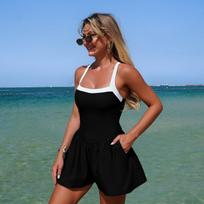 Women Solid One Piece Skirted Swimsuit With Pockets European American Style S juoda