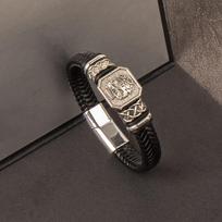 Men's Viking  Bracelet, Braided Wristband with Anchor/Wolf/Skull Charm, Magnetic Stainless Steel Clasp