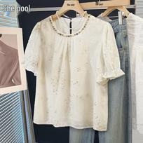 Women's Sequin Embroidered Short Sleeve Blouse L abrikosas