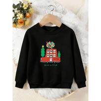 Unisex Kids Crewneck Sweatshirt, Cartoon Red Bus Balloon Go On A Trip Print Pullover, Boys Girls Travel Casual Sweatshirt For Kids Over 4 Years Old 110 juoda