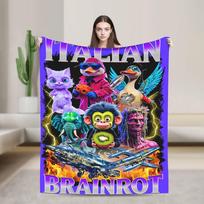 Brainrot Meme Italian Characters Knitted Blankets Flannel Funny Meme Ultra-Soft Throw Blankets for Bedding Couch Bedspread Size: 75*100cm, Weight: 230 GSM