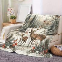 Deer & Forest Flannel Fleece Blanket - All-Season, Machine Washable, Contemporary Digital Print, Soft Polyester Bedding, Woven L 100X150CM gray