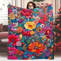Vibrant Colorful Floral Pattern Blanket Throw Blanket for Couch Bed Sofa Soft Warm Flannel Blankets for Portable Home Decor 75X95CM