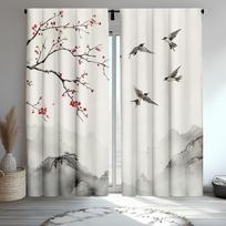 2 vnt. Klasikinės japoniškos gamtos poliesterio užuolaidos, kalnų ir žuvėdrų rašto užuolaidos svetainei ir miegamojo dekoravimui 60×150cm gray