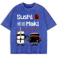 Japan Comics Ninja Sushi Printed Washed T-Shirts Mens Cotton Oversize T Shirt Basic O-Neck Short Sleeve Tops Summer Clothes S