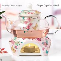 Afternoon Tea Teaware, Coffee Set, Teapot with Bone China Heat-resistant Warm Tea Stove, Borosilicate Glass Heatable Pot