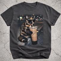 Tortie Cat Drinking Iced Coffee Shirt, Funny Cat Coffee Meme Tee, Tortoiseshell Cat Graphic T-Shirt, Coffee Lover Gift for Cat Mom Dad 3XL