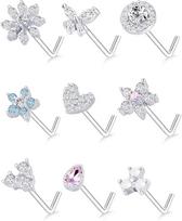 9Pcs Nose Rings Stud L Shaped Nose Ring Flower CZ Snowflake Butterfly Screw Nose Stud Body Piercing Jewelry 20G Silver Tone sidabras