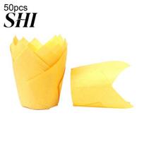 Muffin Baking Cup 50Pcs Tulip Flower Shape Disposable Kitchen Tools Paper Holiday Party Cupcake Liner geltona