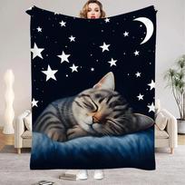 Lovely Cat Stars Print Flannel Throw Blanket for Bedroom Living Room Home Decor Gift 75X95CM