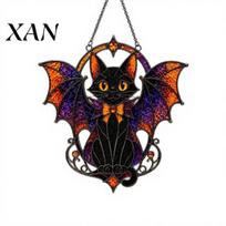 Black Cat Bat Sun Catcher Halloween Suncatcher, Stained Glass Style Acrylic Catcher, Gothic Festival Atmosphere Display Hanging Ornament for juoda