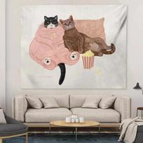 Funny Cat Tapestry, Cozy Cats with Popcorn Watching Movie Wall Art Hanging for Aesthetic Room Decor 100X70CM