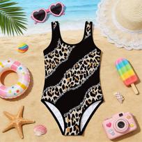 Girls One Piece Swimsuit Cute Cartoon Colorful Leopard Print Contrasting Colors Print Sleeveless Swimwear Kids Summer Beach Bathing Suit 100 juoda