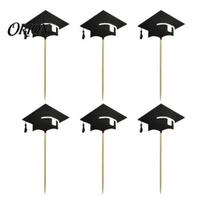Wooden Skewer Cake Pick 6 Pcs Graduation Toppers, Mini Grad Cap Cupcake Black Classic Hat Topper Glitter Food Appetizer Picks for Class of 2026 Party juoda