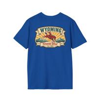 Wyoming Cowboy State T-Shirt | Vintage Mid-Century Travel Luggage Tag Tee | Forever West Souvenir | WY Road Trip Gift 4XL