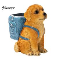 Hand Painted Dog Stationery Holder Golden Puppy Backpack Pen Holder, Cute Animal Storage Ornament, Resin Desktop Organizer, for Office And Study Craft mėlyna
