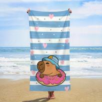 1pc Lovely Capybara Beach Towel, Blue White Stripe Donut Pattern, Soft Lightweight Fabric, Ideal for Kids Pool Travel Beach Vaca 50X100CM