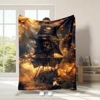 Pirate Ship in Fiery Galaxy Print Flannel Blanket - Soft, High-Quality Polyester, Non-Shedding, Gentle Smooth Fabric, Reversible Size: 75*100cm, Weight: 230 GSM