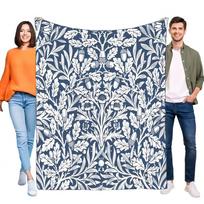 William Morris Acorn Oak Leaf Blanket | Soft Cozy Lightweight Navy Blue White Botanical Throw for Bed Sofa Decor Gift Size: 75*100cm, Weight: 230 GSM