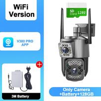 V380 PRO programėlė Dvigubo objektyvo 4G kamera HD 8MP Lauko kamera IP66 atspari vandeniui Dvikryptis pokalbis Spalvotas naktinis matymas Mobilusis sekimas CCTV Camera+Battery+128GB