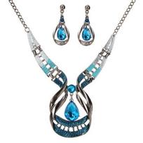 Women Fashion Water-drop Faux Sapphire Dangle Ear Studs Necklace Jewelry Set mėlyna