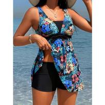 Women's Tropical Floral Print V-Neck Bow Tie Tankini Two-Piece Swimsuit with Shorts S