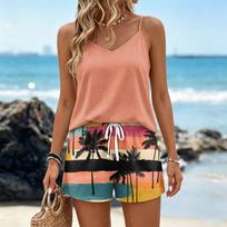 Women Summer Casual Two Piece Set Sleeveless Tank Top with V Neck and Drawstring Waist Shorts with Pockets Lightweight Beachwear XXL