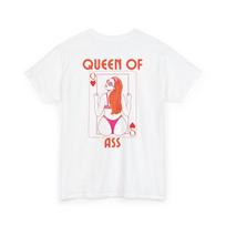 Queen of Ass Playing Card T-Shirt - Back Graphic Tee with Minimalist Front Crown Logo,Woman's Humor Shirt M