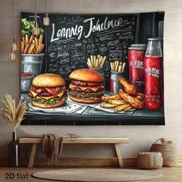 Burger and Fries Tapestry Fast Food Menu Chalkboard Style Grill Restaurant Cafe Kitchen Dining Room Wall Art Home Decor Backdrop 100X70CM brown