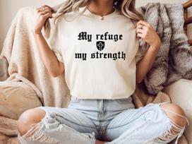 My Refuge My Strength Shield Cross Shirt, Christian Faith Tee, Religious Clothing, Church Shirt M
