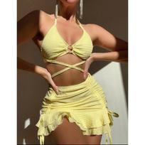 Womens Sexy Three Piece Solid Bikini Swimwear For Beach Swimming S geltona