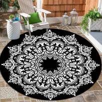 Black Cuckoo Mandala Pattern Round Area Rug, Non Slip Indoor Outdoor Floor Mat for Patio Deck Porch RV Camping and Home Decor Diameter 60cm