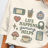Life Happens Gaming Helps T-Shirt, Stardew Valley Shirt, Cozy Gaming, Gamer Shirt, Gen Z Millennial, Video Game Shirt, Cozy Gamer 4XL
