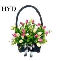 Outdoor Decorative Wreath Spring Summer Tulip Basket for Front Door Artificial Floral Weather Resistant Hanging with Woven Farmhouse Home 1pc