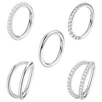 5Pcs Surgical Steel Body Jewelry Nose Rings Hoop Women CZ Clicker Hinged Septum Ring 8mm Wedding Engagement Gift 1.2*8&Seamless style sidabras