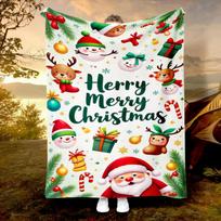 Vibrant Christmas-Themed Blanket with Snowmen, Reindeer, Santa Claus, and 'Merry Merry Christmas' Phrase - Perfect for Holiday C Size: 75*100cm, Weight: 230 GSM