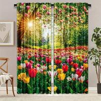Tulip and Sunset Scenery Design Print Drapes Room Darkening Window Curtains for Home Decor,Rod Pocket Blackout Curtains Bedroom 60×150cm