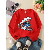 Steam Train Cartoon Engine Unisex Crew Neck Fashion Sweatshirt, Autumn and Winter Western Style Top, Children's Long Sleeved T-shirt 110 raudona