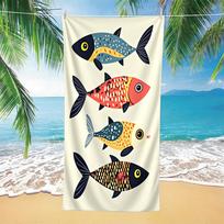 1pcs Mid Century Modern Fish Print Beach Towel-Vibrant Teal, Red and Gold Stylized Art, Super Soft Quick Dry Microfiber, Idea 75x150cm&1pc