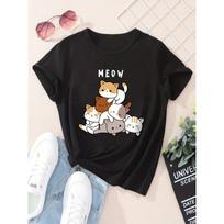 Cartoon Cats Print T-shirt Cute Crew Neck Short Sleeve Summer T-shirt Women's Clothing Vintage Personality Graphic T Shirts Y2K S juoda