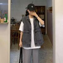 Hong Kong Style Denim Jacket for Women Korean Style Loose Student Spring and Autumn New Style Workwear Waistcoat Denim Vest S pilka