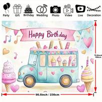 2D Happy Birthday Ice Cream Truck Backdrop, Cute Music Note & Confetti Party Background Banner 47.2x31.5inch/120*80cm