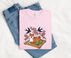 Shiba Inu Dog Shirt Dog Tea Gift Women Kawaii Tee Shiba T-Shirt Dog Fan Cute Tshirt Tea Design Cartoon Cherry Blossoms Tshirt M