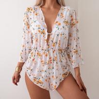 Women Sexy Ruffled Floral Three Piece Bikini Sunscreen Cover Up Swimsuit S balta