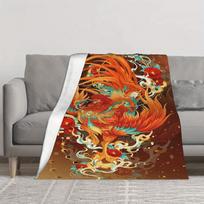 Vibrant Mythical Beast Flannel Blanket LightweightMachine WashableAll-Season Throw with IntricatePhoenix Design in RedOrangeBlue Size: 75*100cm, Weight: 230 GSM