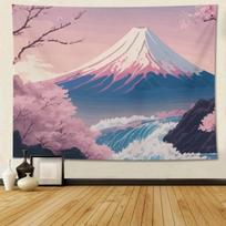 Japanese Soft Pink Fuji Mountain Tapestry Cherry Blossoms Wave Background Cloth Living Room and Wind Room Decoration 100X70CM