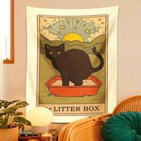 Cat Wall Hanging Black Cat Litter Box Starry Sky Hill Living Room Cat House Cute Pet Decorative Art Wall Background 100X70CM